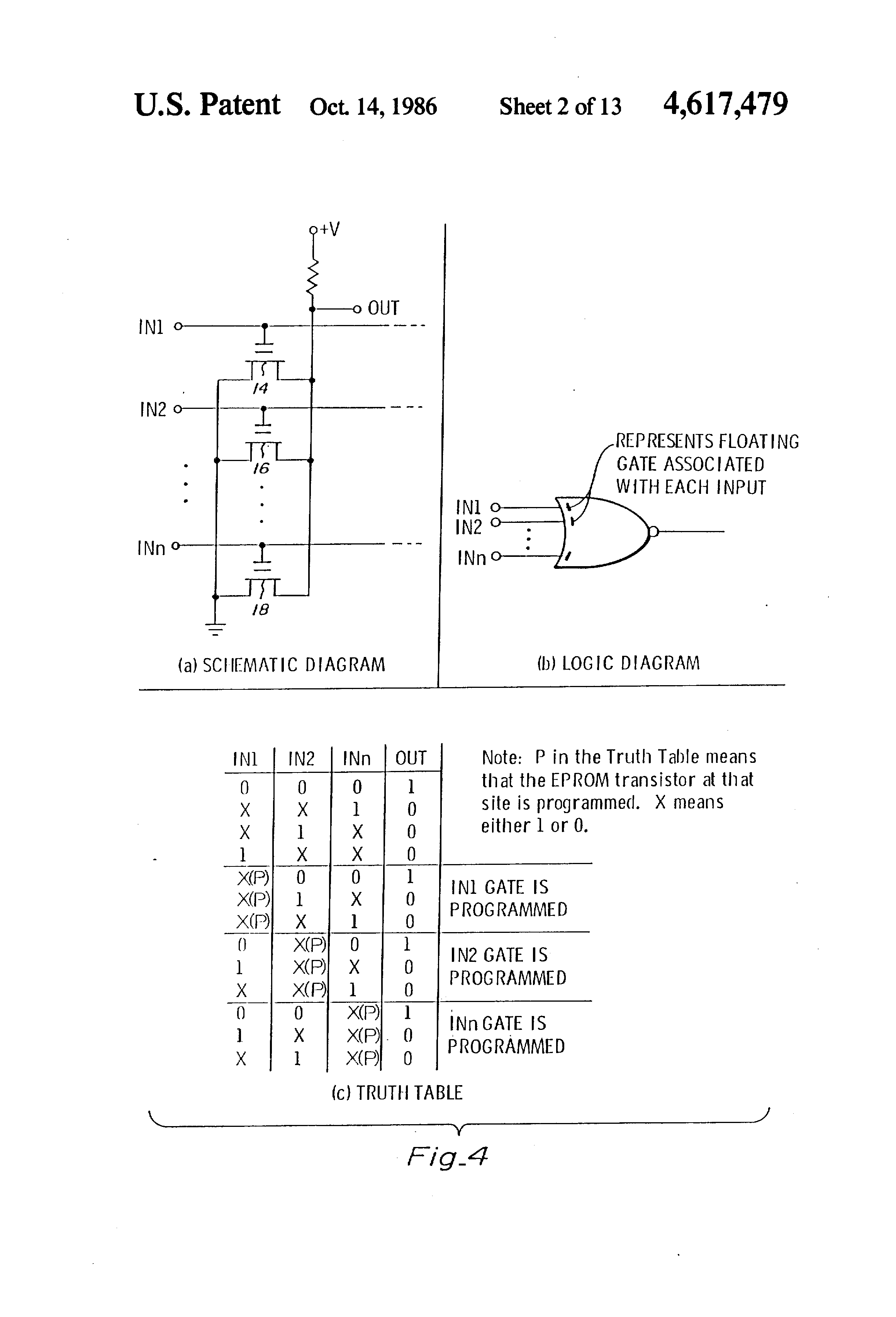 Patent drawing from US 4,617,479, Programmable logic array device using EPROM technology