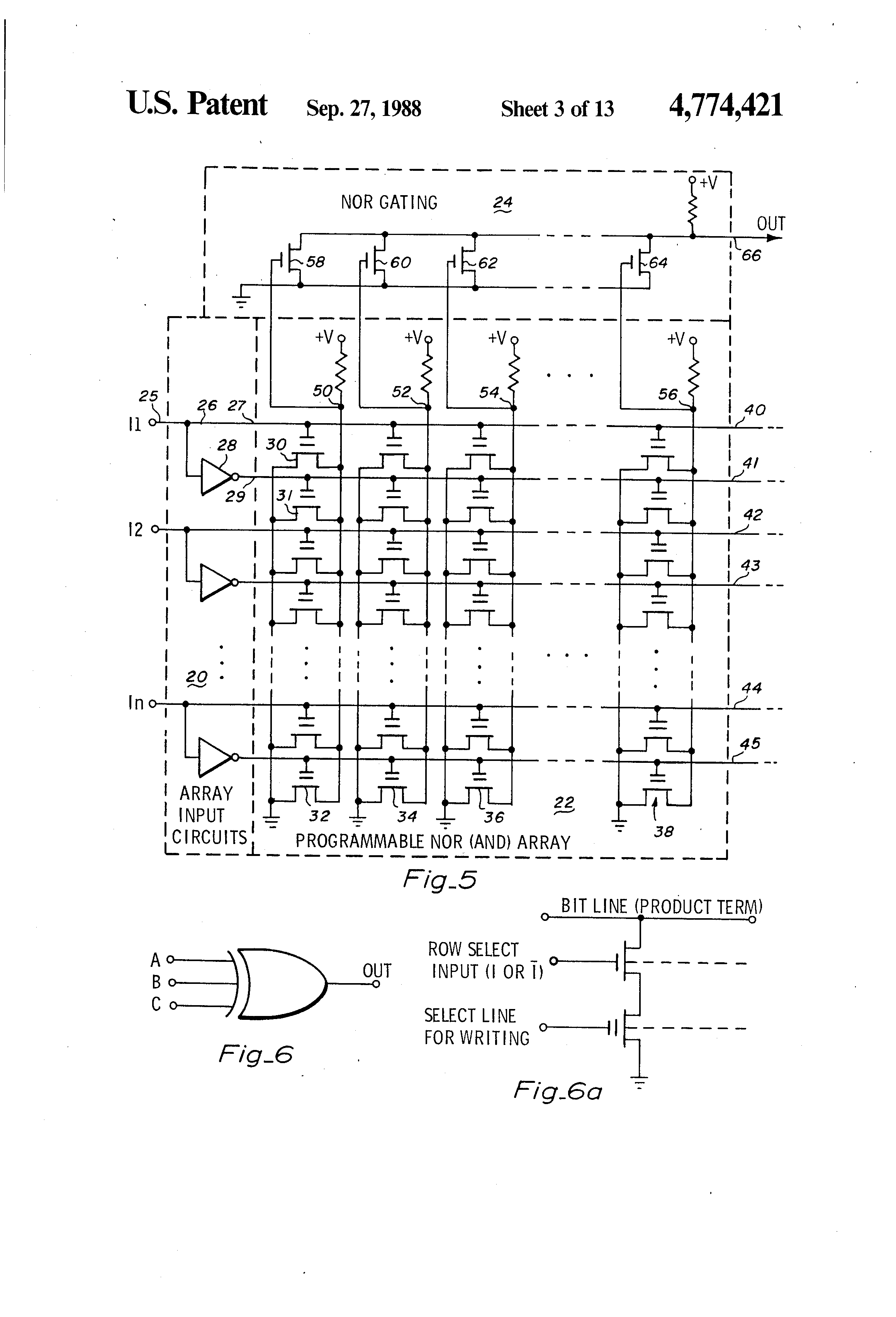 Patent drawing from US 4,774,421, Programmable logic array device using EPROM technology