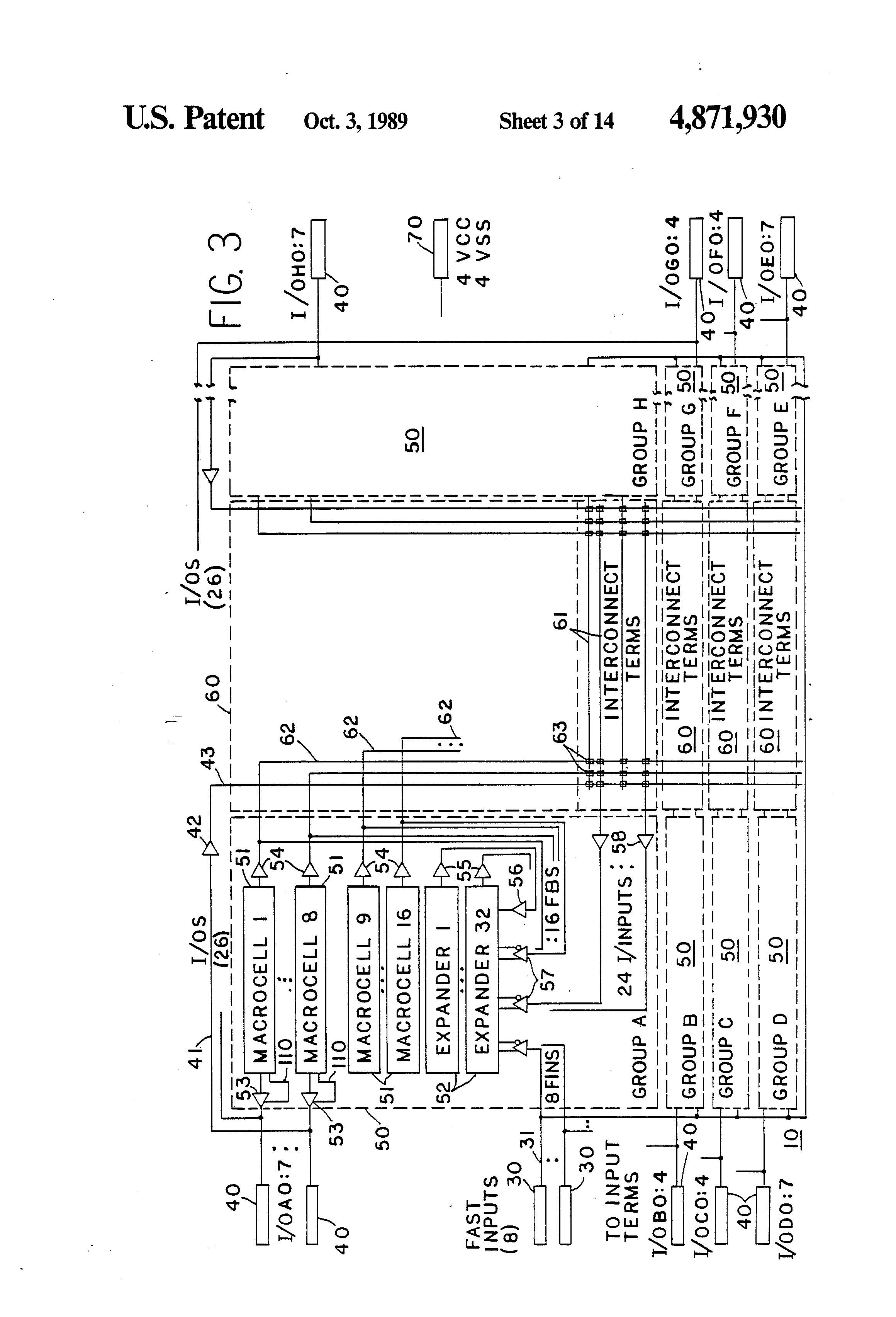 Patent drawing from US 4,871,930, Programmable logic device with array blocks connected via programmable interconnect