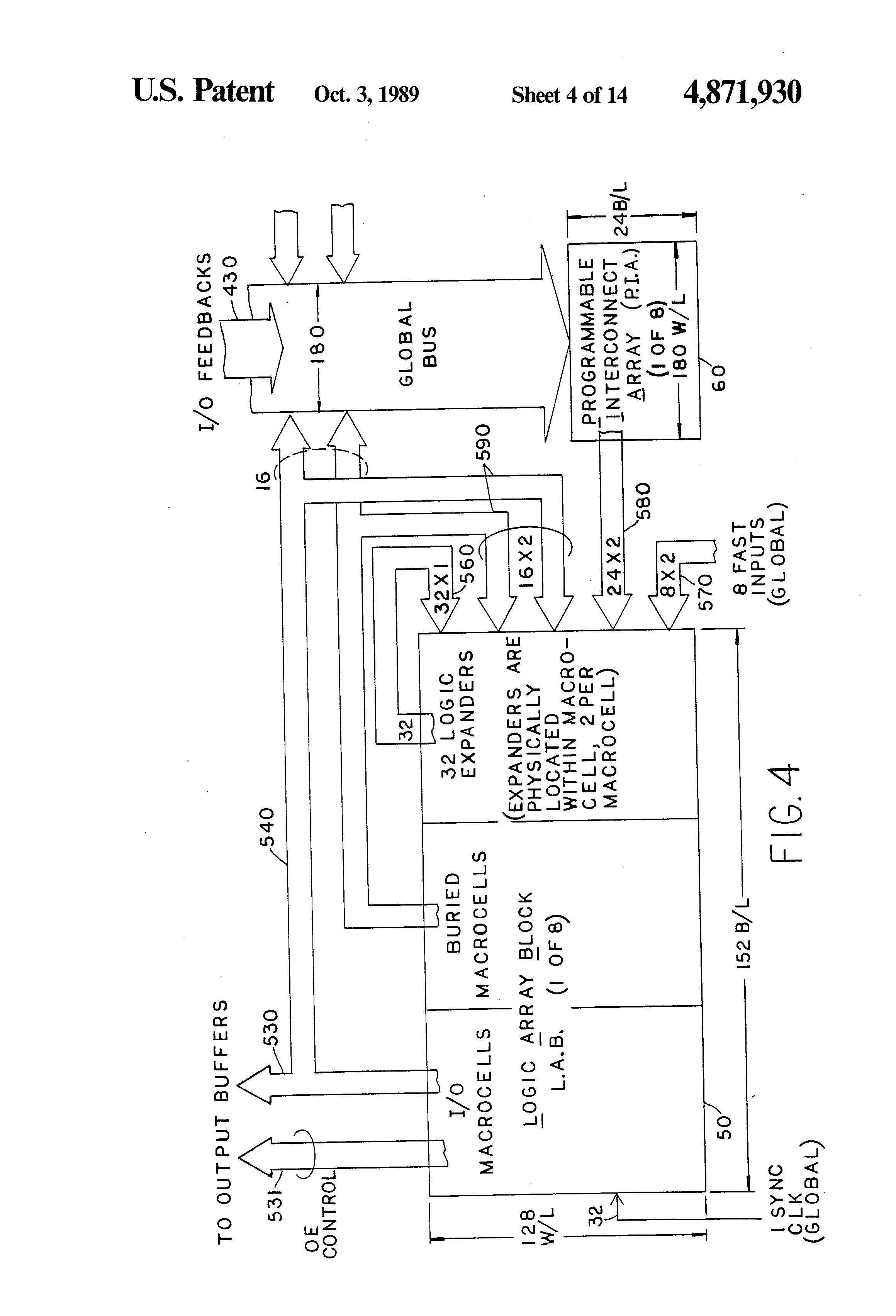 Patent drawing from US 4,871,930, Programmable logic device with array blocks connected via programmable interconnect