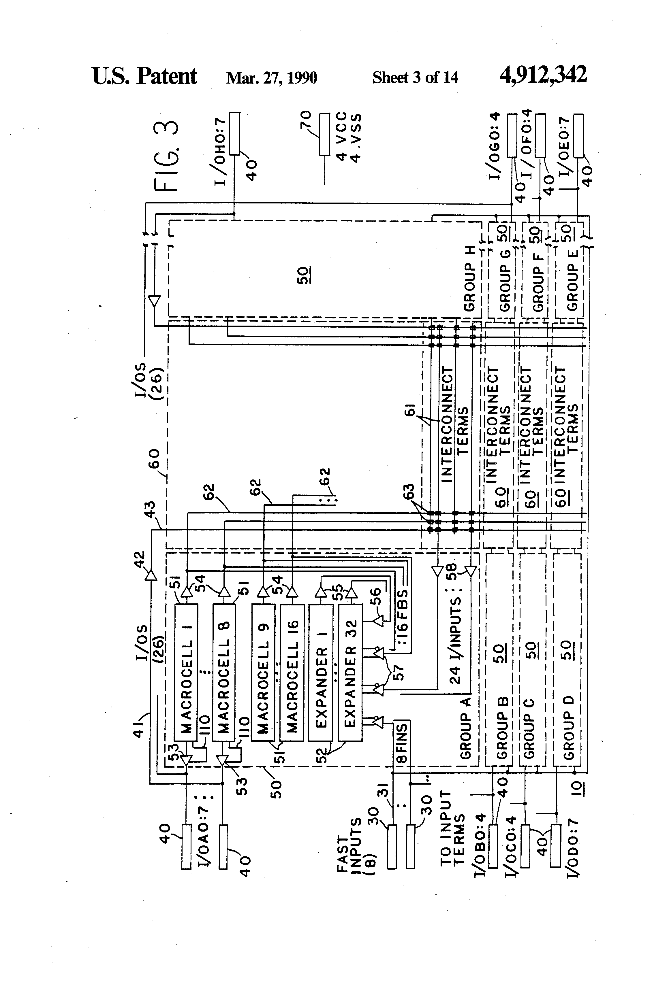 Patent drawing from US 4,912,342, Programmable logic device with array blocks with programmable clocking