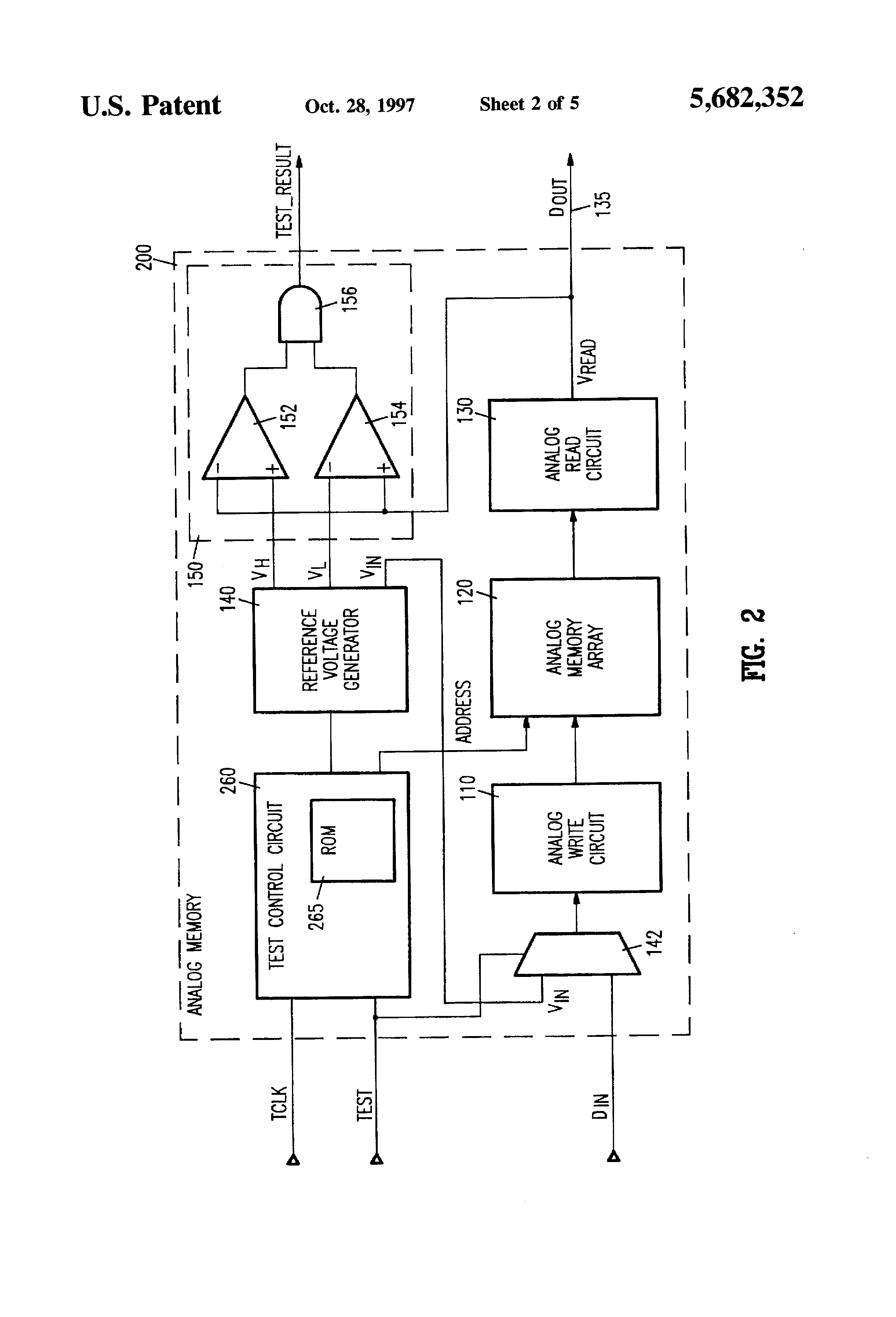 Patent drawing from US 5,682,352, Digital testing of analog memory devices