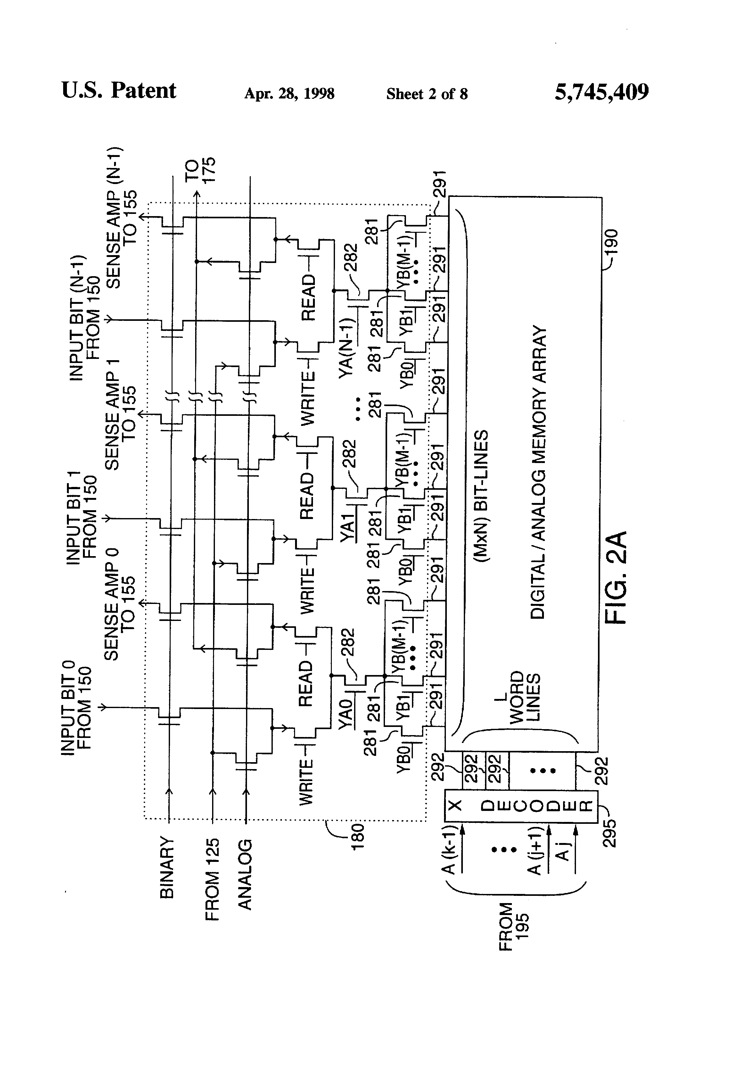 Patent drawing from US 5,745,409, Non-volatile memory with analog and digital interface and storage
