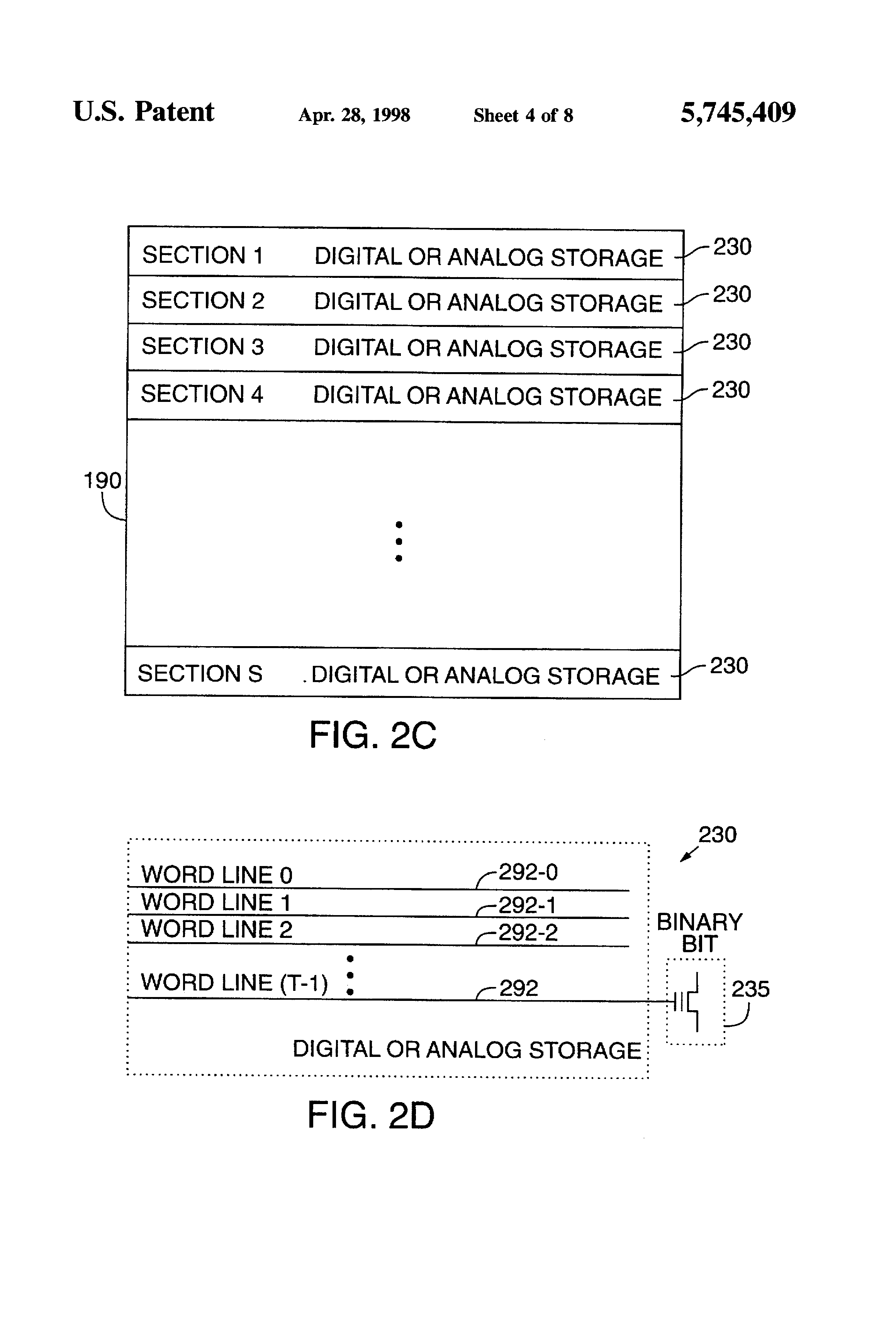 Patent drawing from US 5,745,409, Non-volatile memory with analog and digital interface and storage
