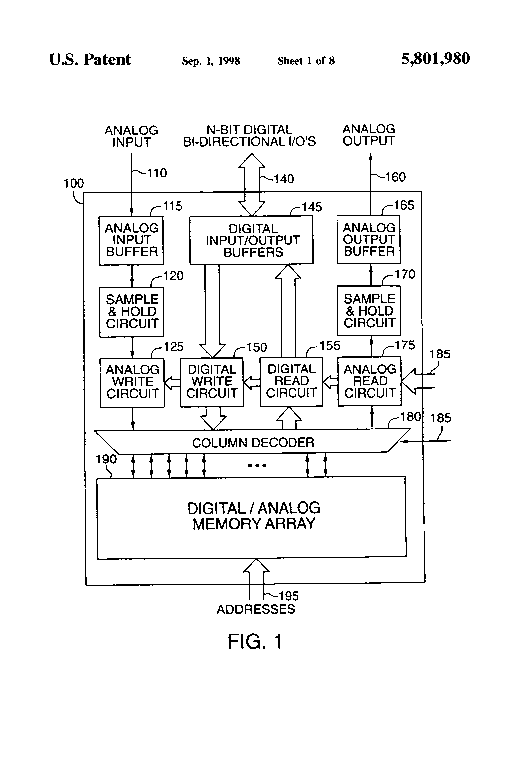 Patent drawing from US 5,801,980, Testing of an analog memory using an on-chip digital input/output interface