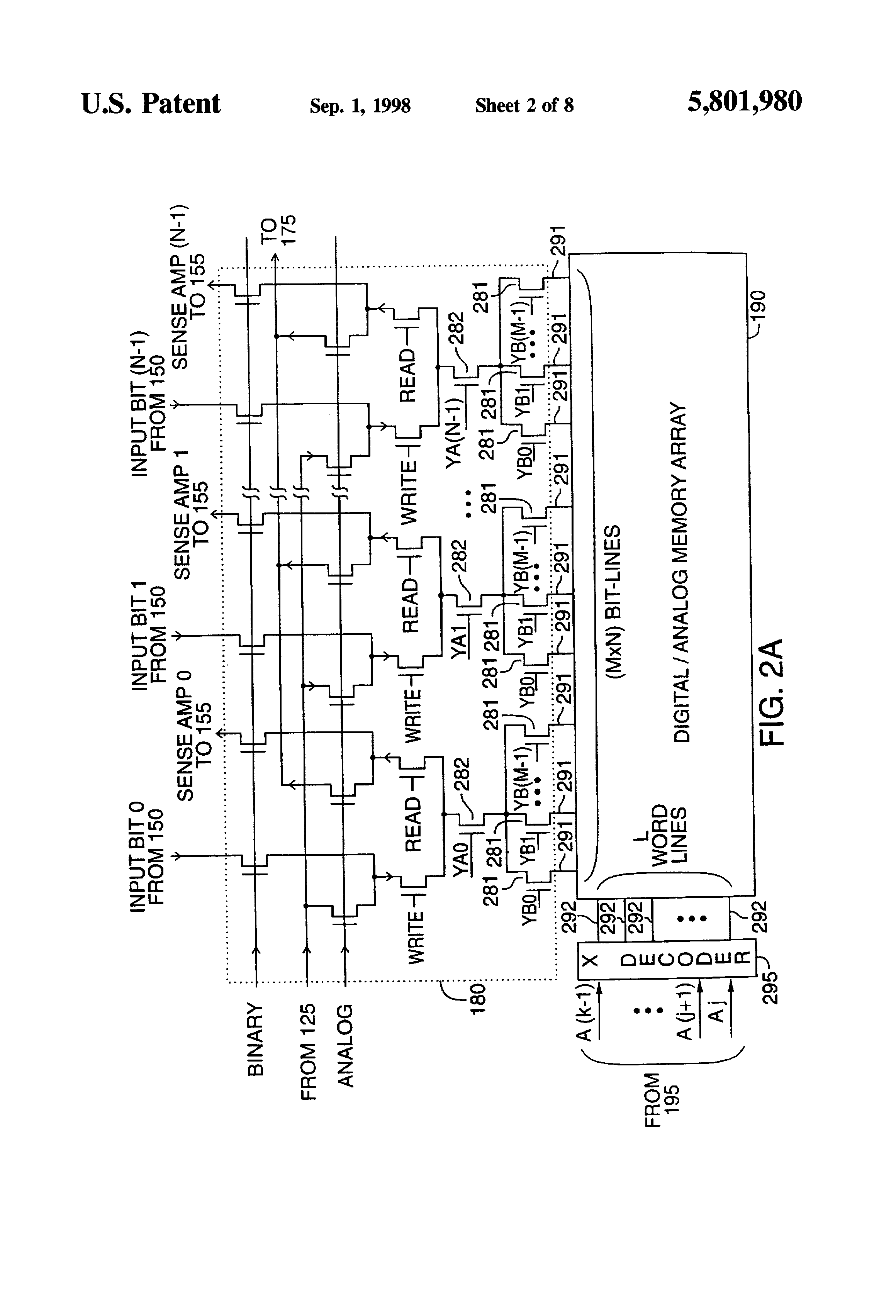 Patent drawing from US 5,801,980, Testing of an analog memory using an on-chip digital input/output interface