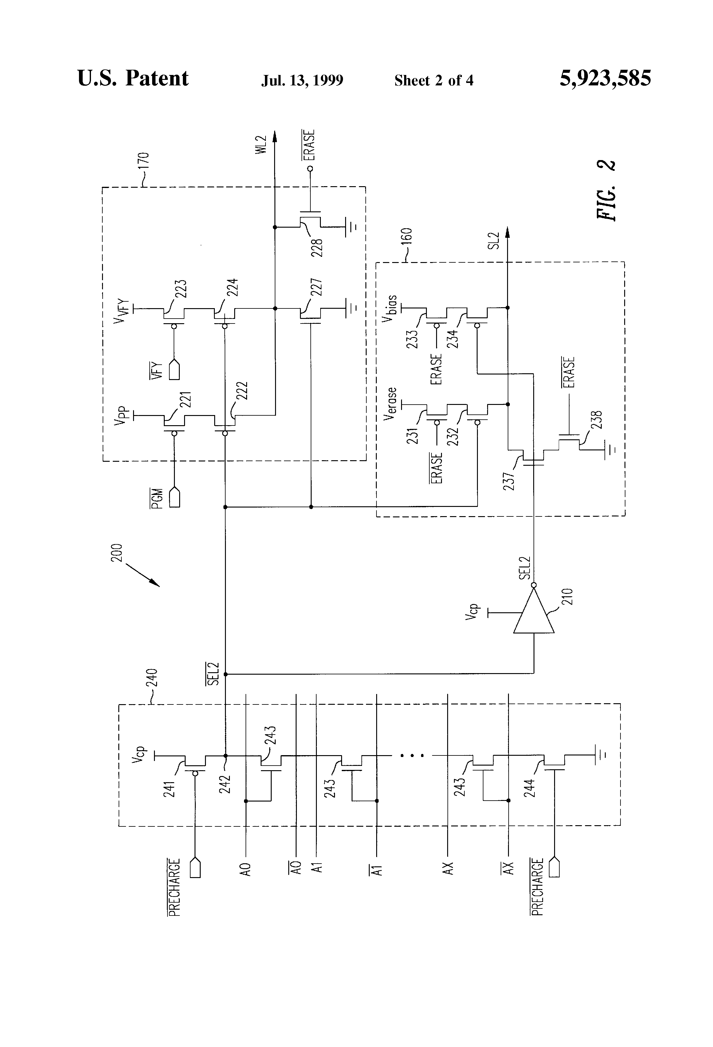 Patent drawing from US 5,923,585, Source biasing in non-volatile memory having row-based sectors