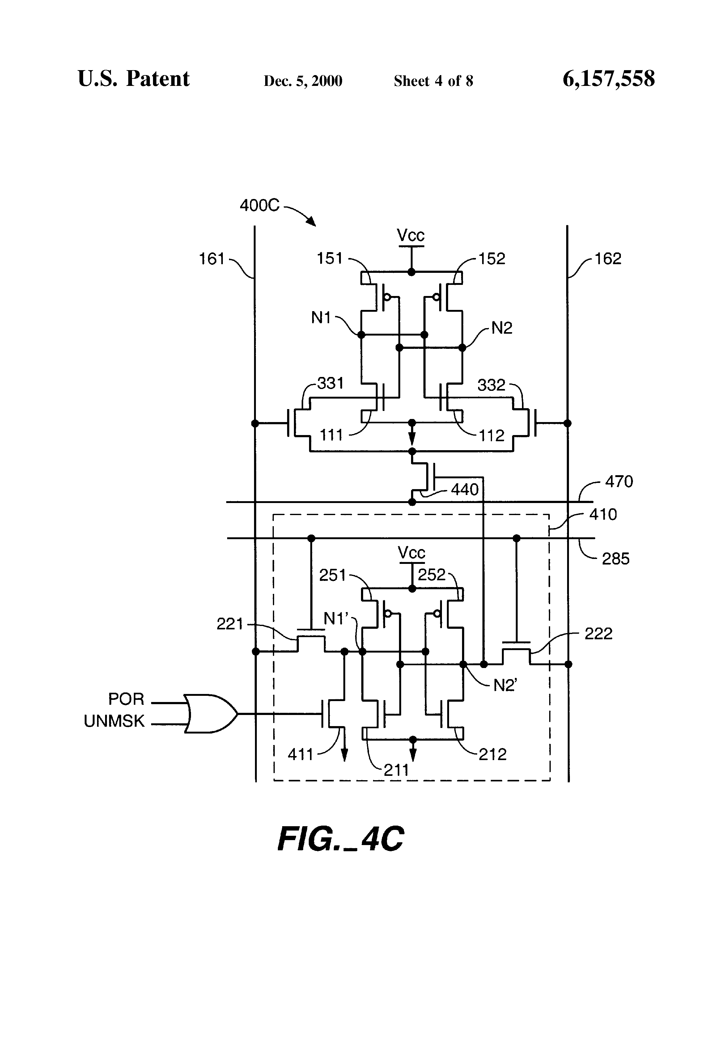 Patent drawing from US 6,157,558, Content addressable memory cell and array architectures having low transistor counts