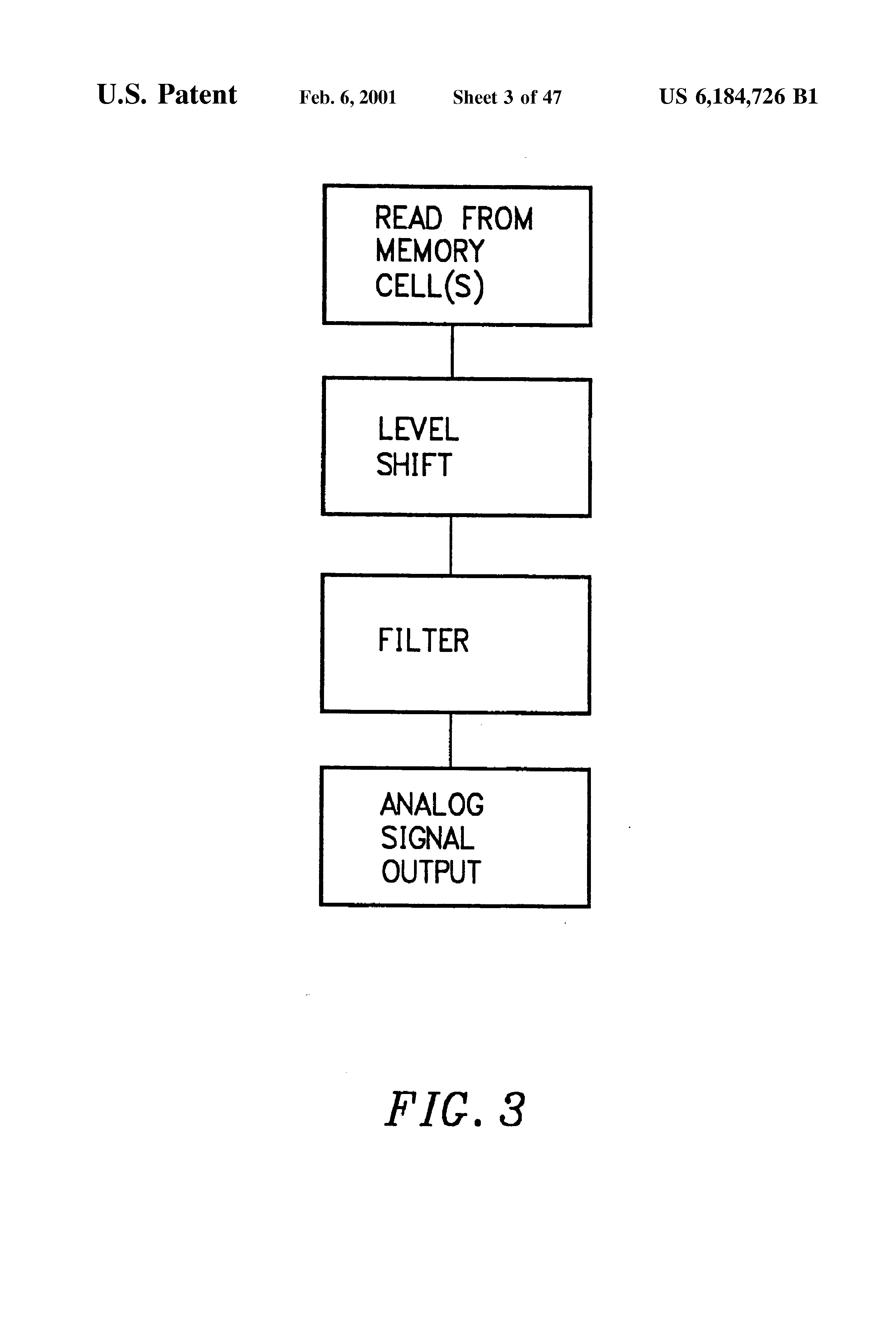 Patent drawing from US 6,184,726, Adjustable level shifter circuits for analog or multilevel memories