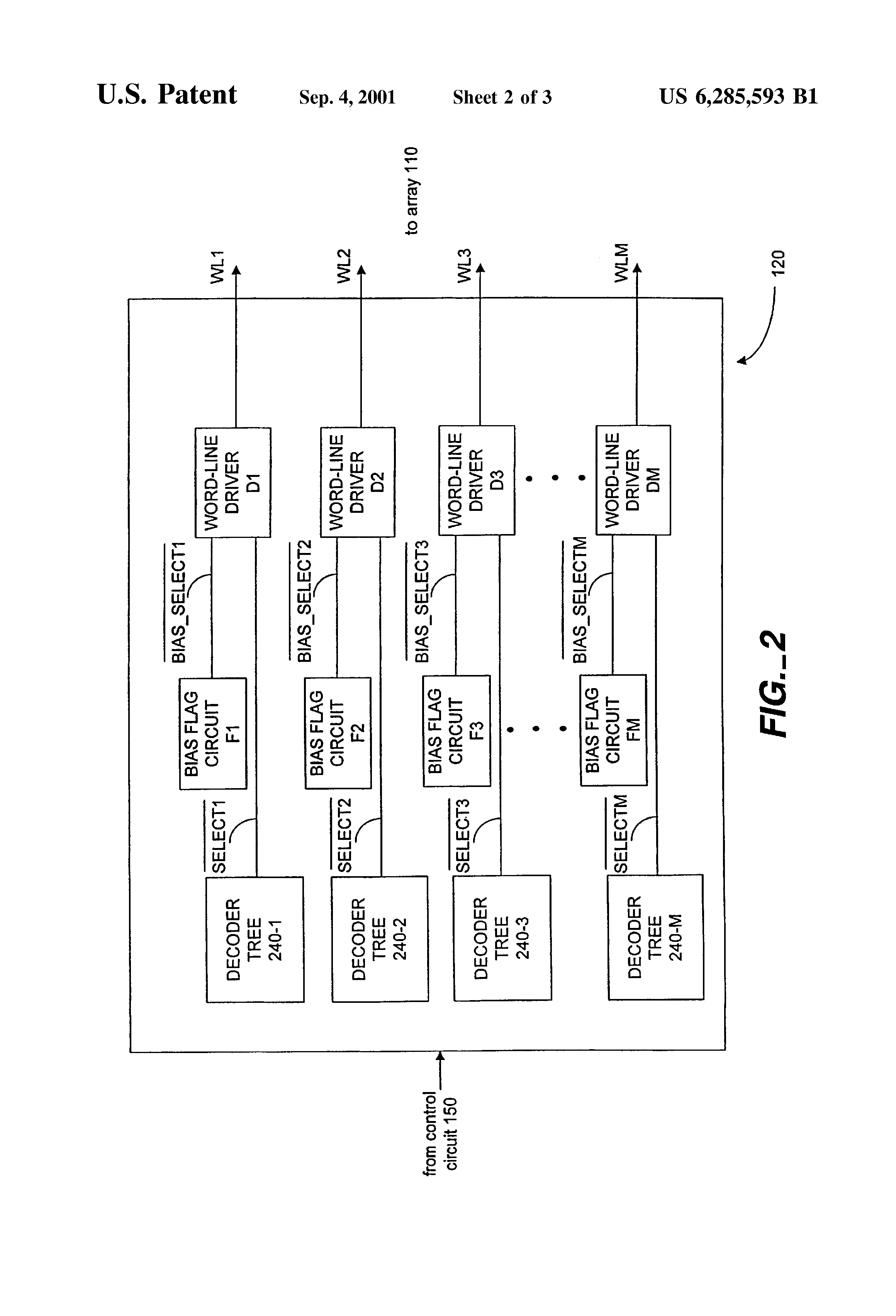 Patent drawing from US 6,285,593, Word-line decoder for multi-bit-per-cell and analog/multi-level memories with improved resolution and signal-to-noise ratio