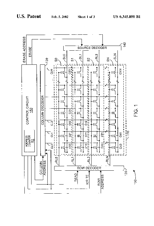 Patent drawing from US 6,345,000, Flash memory permitting simultaneous read/write and erase operations in a single memory array