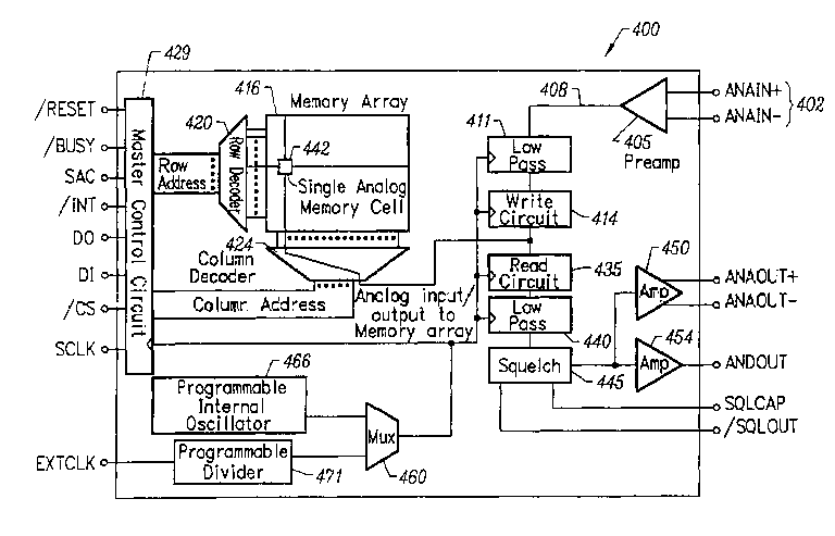 Patent drawing from US 7,298,670, Integrated circuit with analog or multilevel storage cells and user-selectable sampling frequency